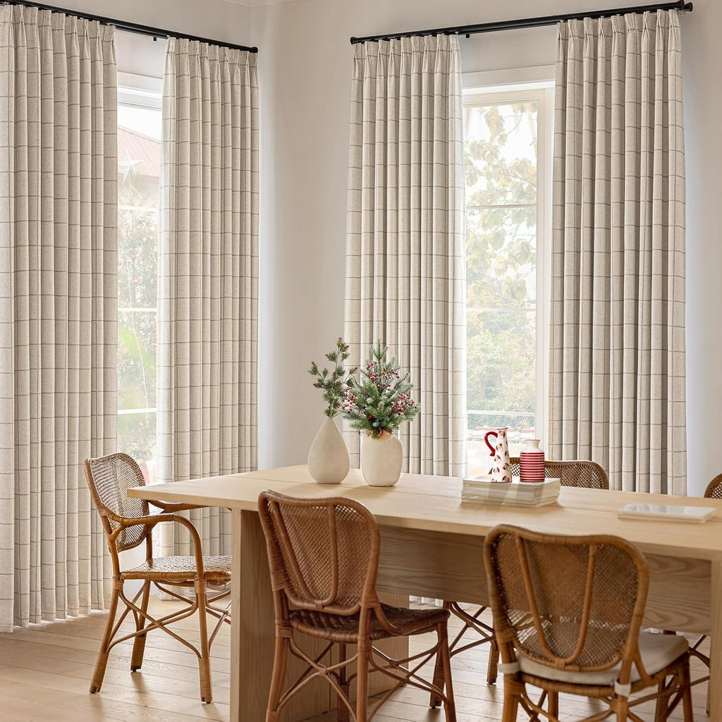 Plaid Pinch Pleated Curtains - Modern Luxury Linen Buffalo Blackout Drapes, Thermal Insulated Double Layer Window