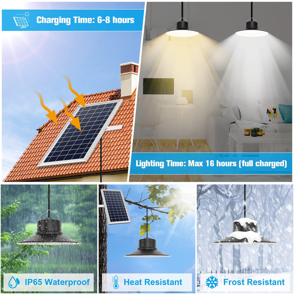 Solar Indoor Lights Outdoor, LED Solar Pendant Lights 3 Color Dimmable Lighting with Remote Control, Gazebo