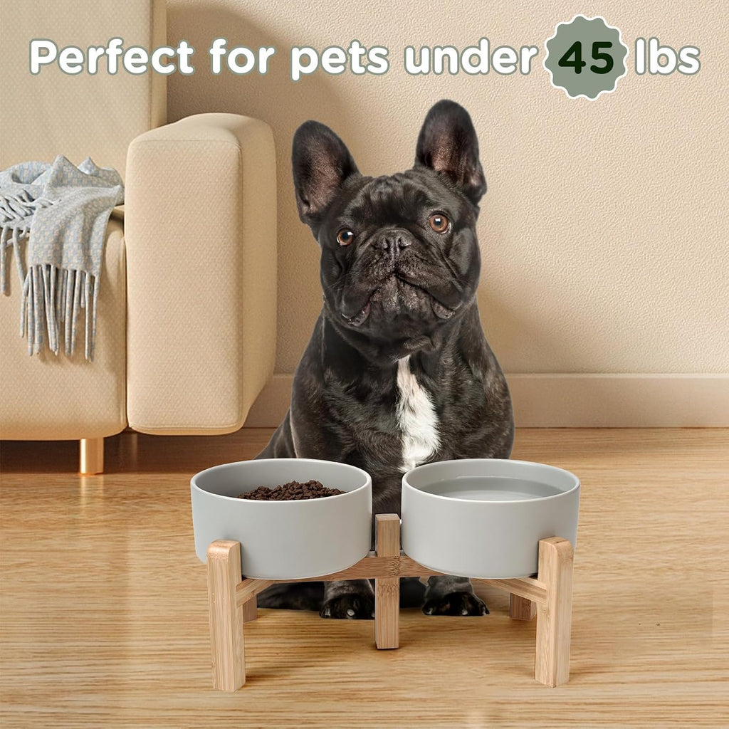 Elevated Dog Bowls Ceramic, 6.1'' Dogs and Cat Food Water Bowls Raised with Non-Slip Bamboo Stand for Medium Sized