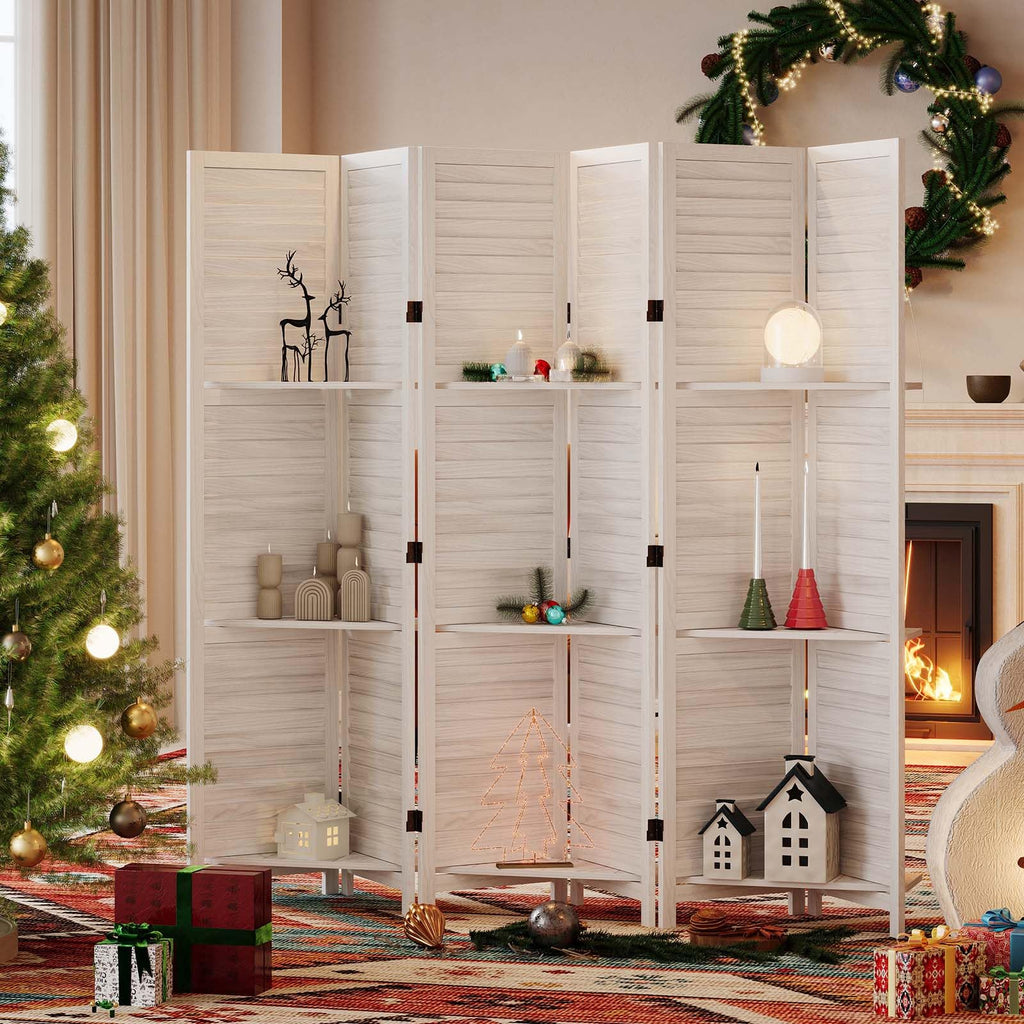 Partition Room Dividers, Folding Wood Privacy Screen with Three Display Shelves Suitable, Study, Art Display - 6