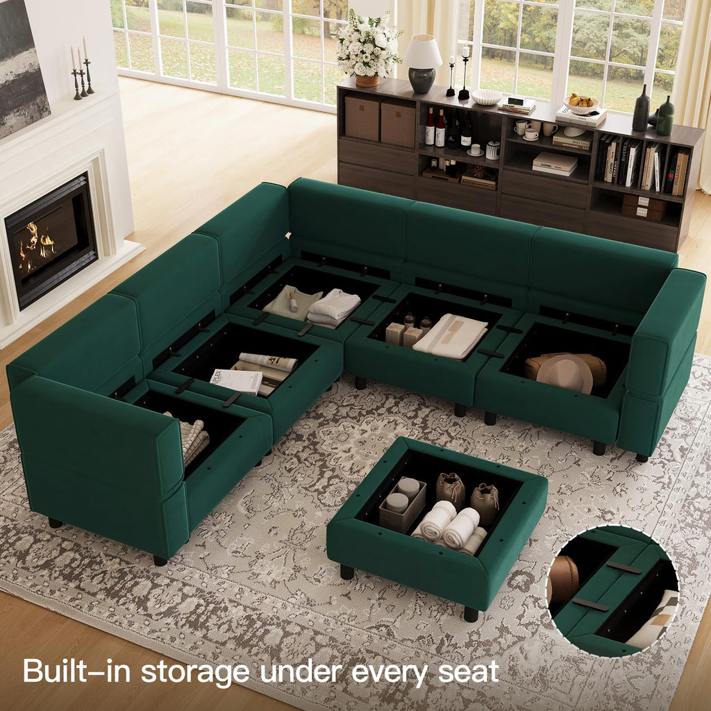 Modular Sectional Sofa with Storage Seats Velvet L Shaped Corner Couch Convertible Sectional Sofa with Chaise (Green