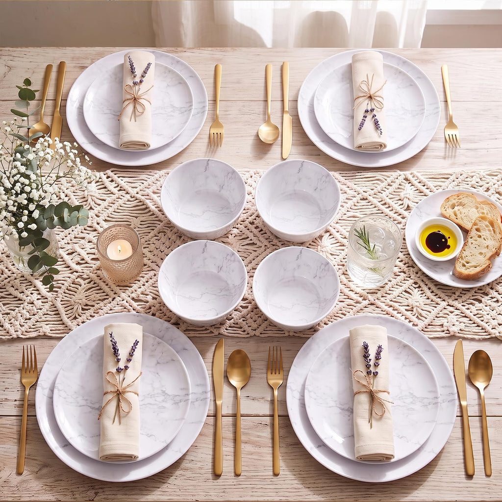 12-Piece Melamine Dinnerware Sets, Modern White Round Dish Set for 4