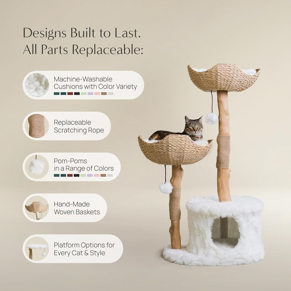 Modern Cat Tree Tower, Real Branch Wood Condo for Large Cats