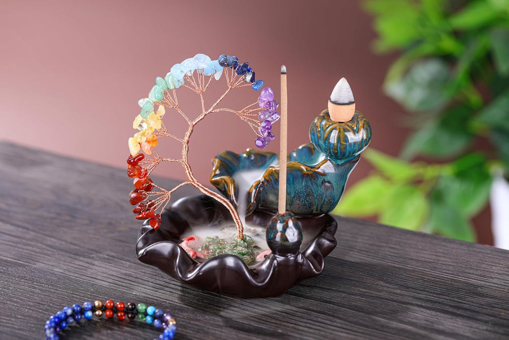 Backflow Incense Burner Ceramic Incense Waterfall,7 Chakra Stones Healing Crystal Money Tree Incense Holder