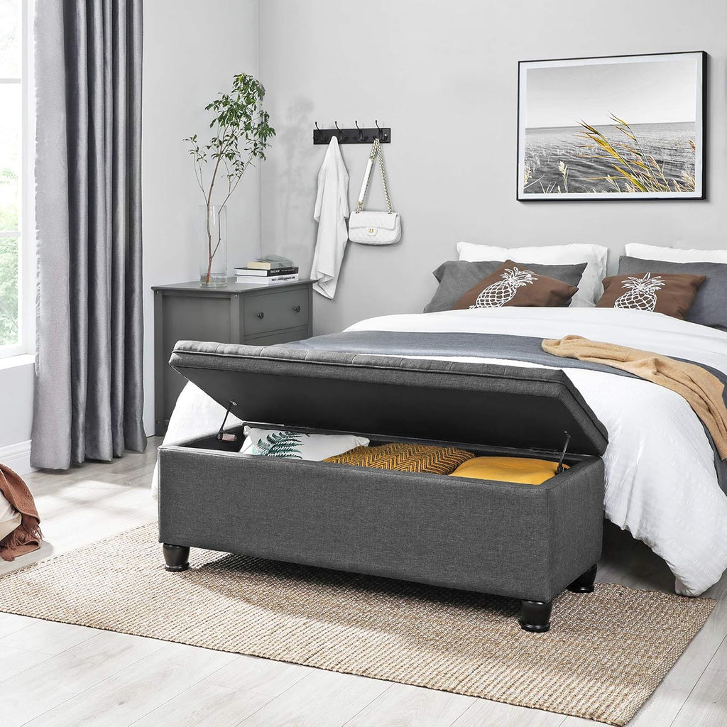 Storage Ottoman, 46.5 Inches Bedroom Bench, Solid Wood Legs | Buttons Decoration, Non-Slip Foot Pads, 330.7 lb Load