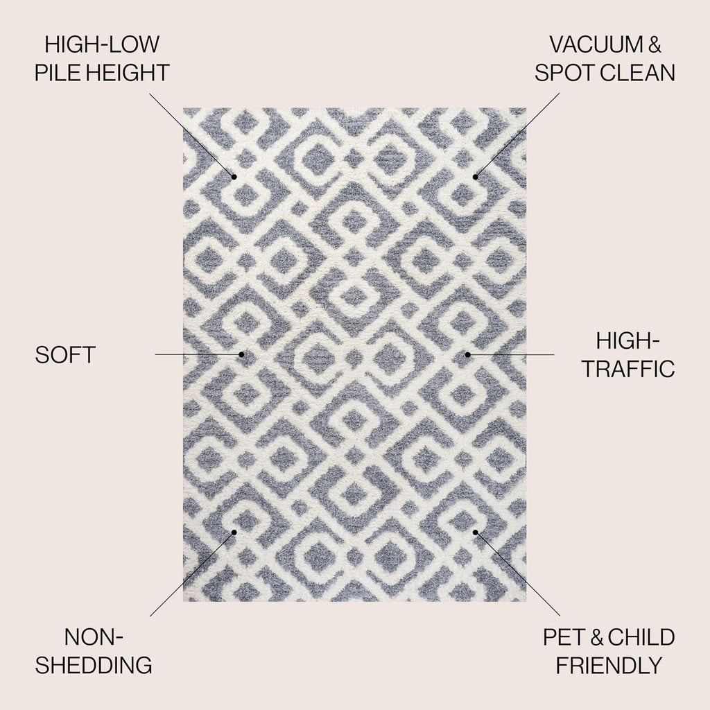 Trellis High-Low Cream/Gray Indoor Area Rug, Astrid Retro, Easy-Cleaning, High Traffic, Pet-Friendly