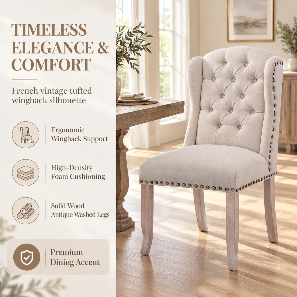 Modern Tufted Dining Chairs Set of 2, Linen Upholstered Dining Room Chairs Armless Guest Side Chair Dining Room