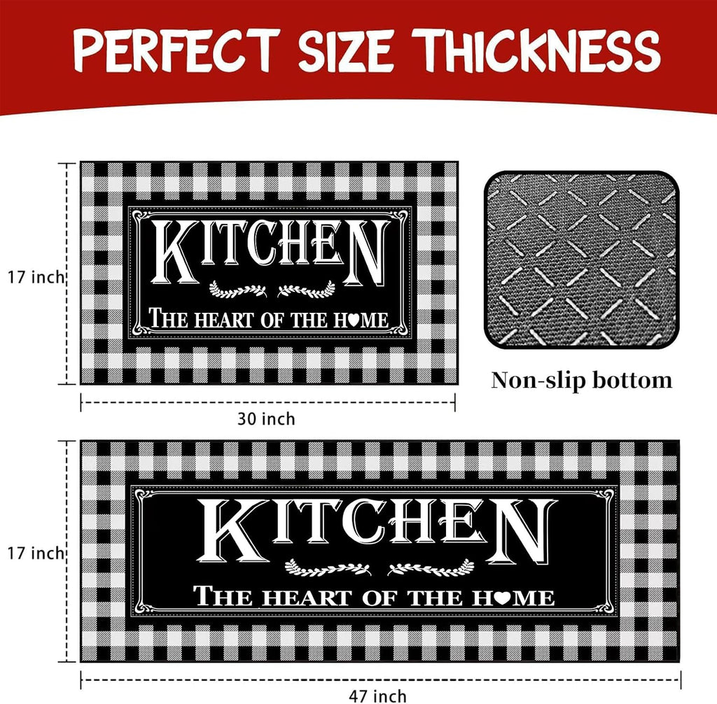 Black and White Buffalo Plaid Kitchen Rug Set of 2, Farmhouse Style Kitchen Floor Mats, Absorbent Checkered Kitchen