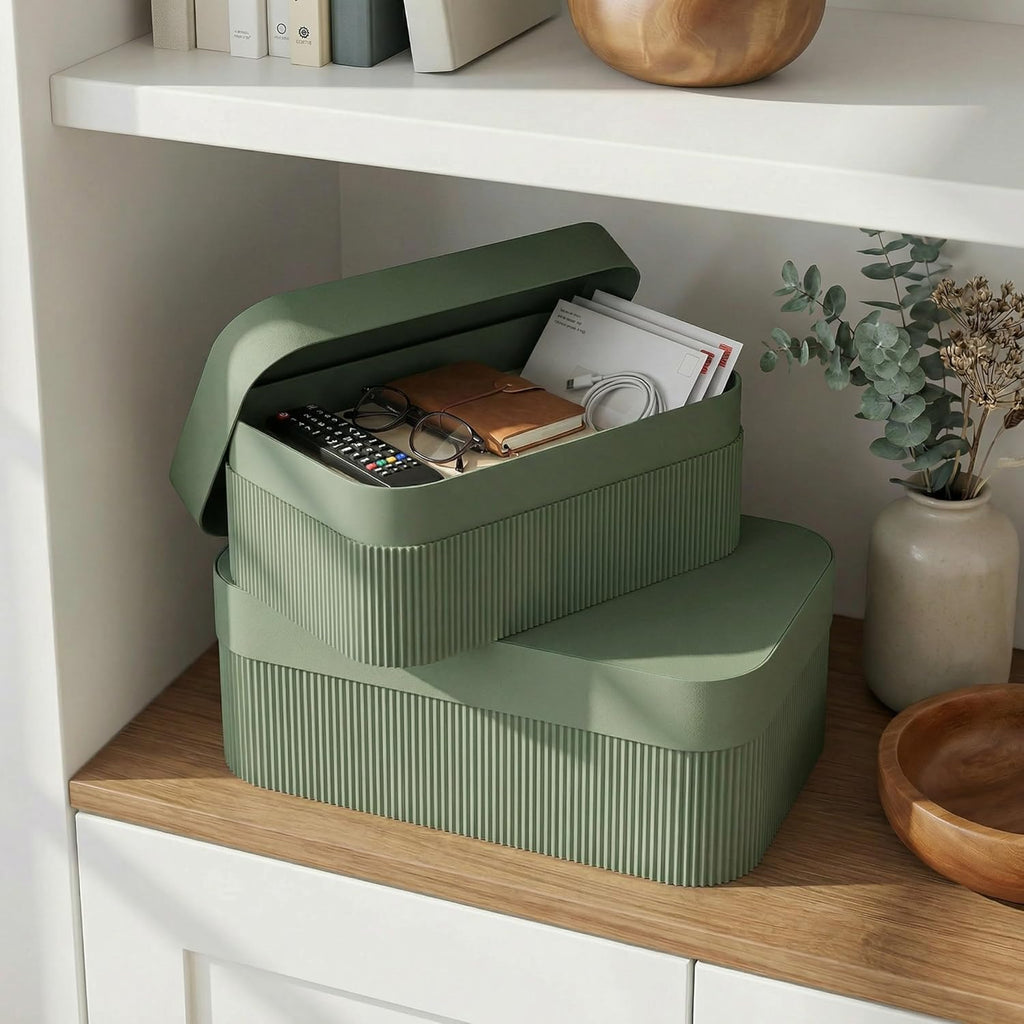 Decorative Storage Boxes with Lids Fluted Photo Organizer Bins - Set of 2