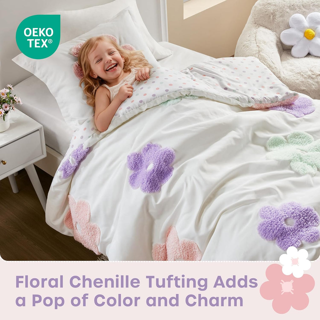 Kids Twin Comforter Set for Girls, Tufted Chenille Floral Comforter Set Twin, Lightweight Polka Dot Comforter