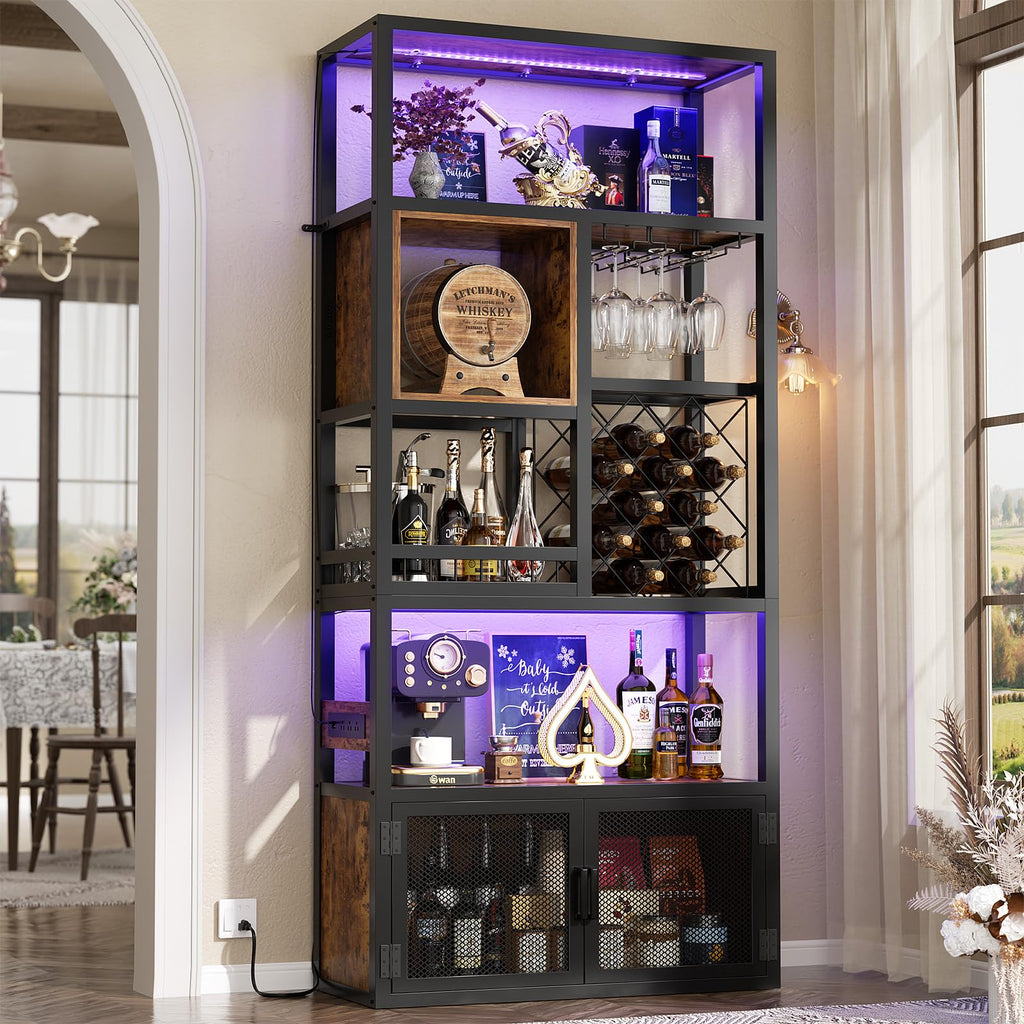 82.6" Tall Bar Cabinet with Power Outlets & LED Lights, Liquor Cabinet Bar, Reversible Coffee Station Wine Cabinet