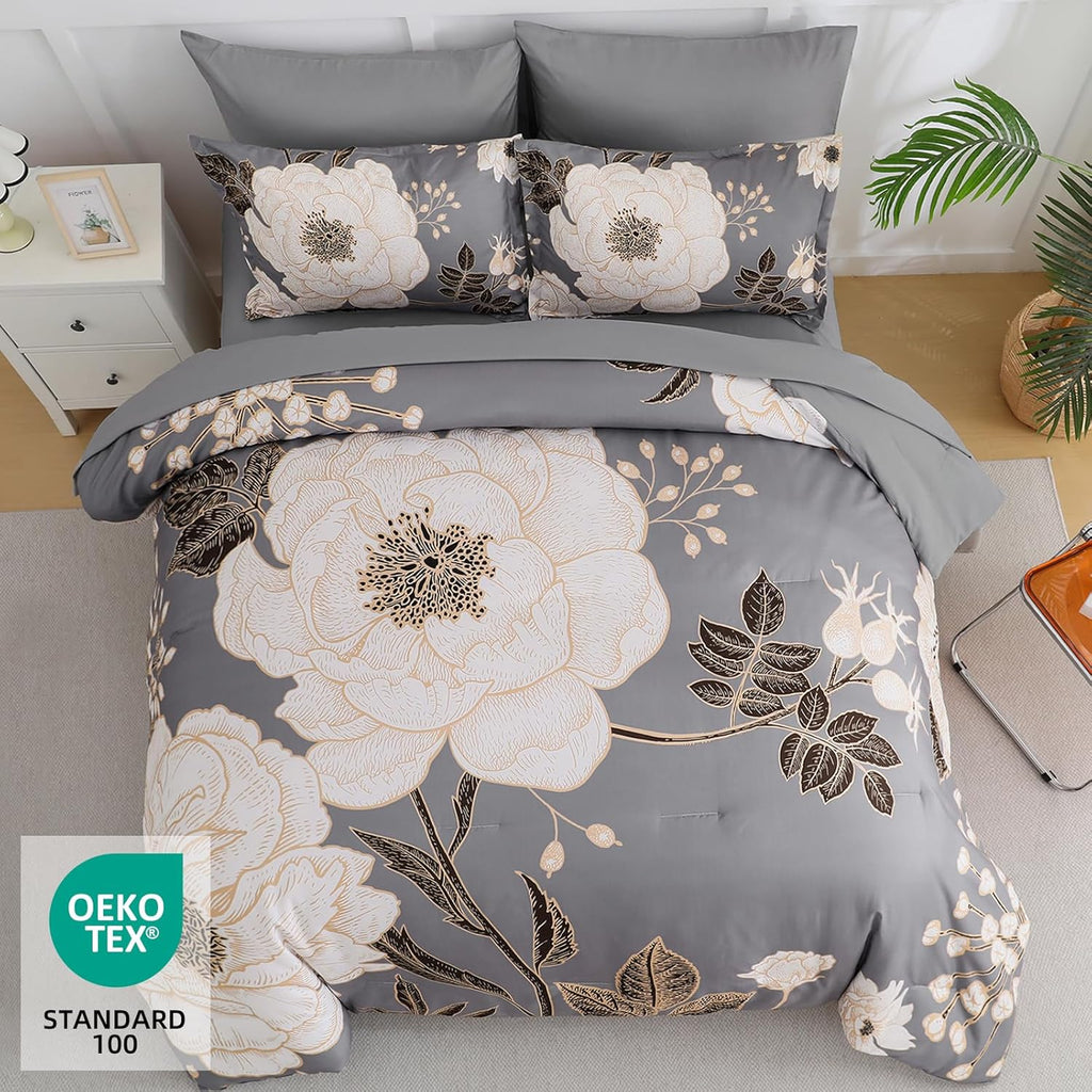 Floral King Comforter Set 7 Pieces Bed in a Bag, White Flower Print on Grey Bedding Set
