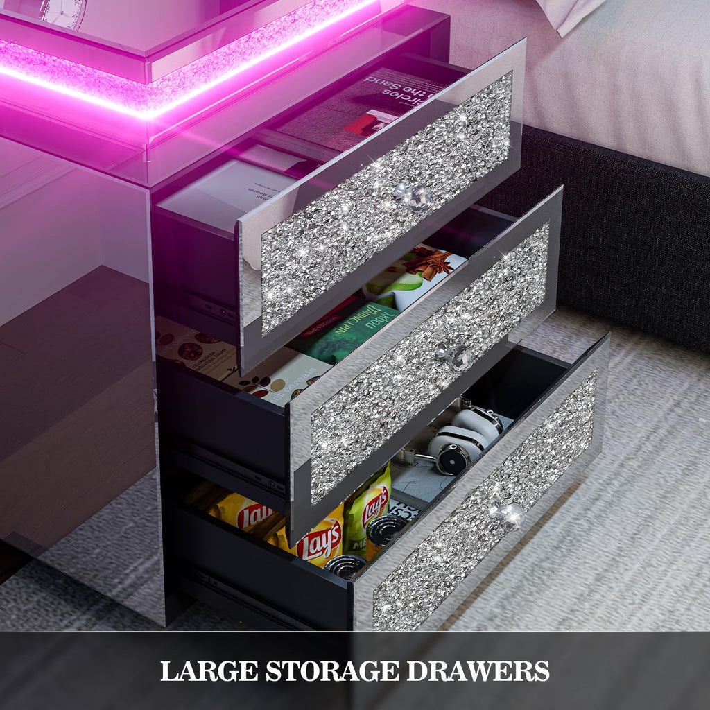 Mirrored Nightstand Set of 2, LED End Table with Wireless Charging Station, Modern Accent Side Table with 3 Crushed
