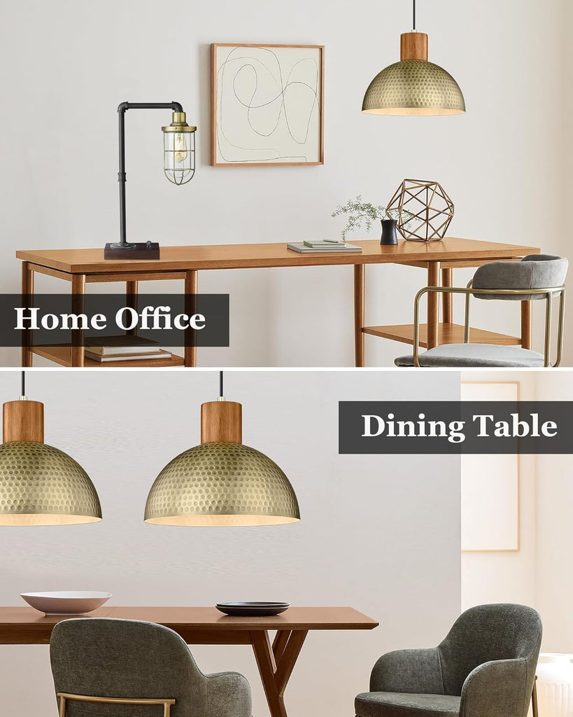 Vintage Pendant Light Fixtures, 12" Brushed Brass Hammered Metal & Rubber Wood Industrial Dome Hanging Lamp, Antique