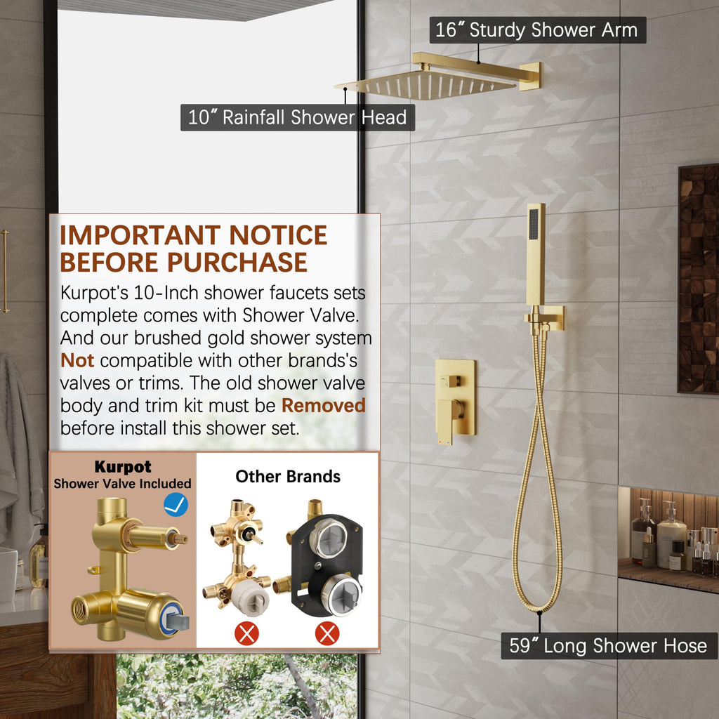 Gold Shower System, 10'' Gold Shower Head with Handheld Combo Spray