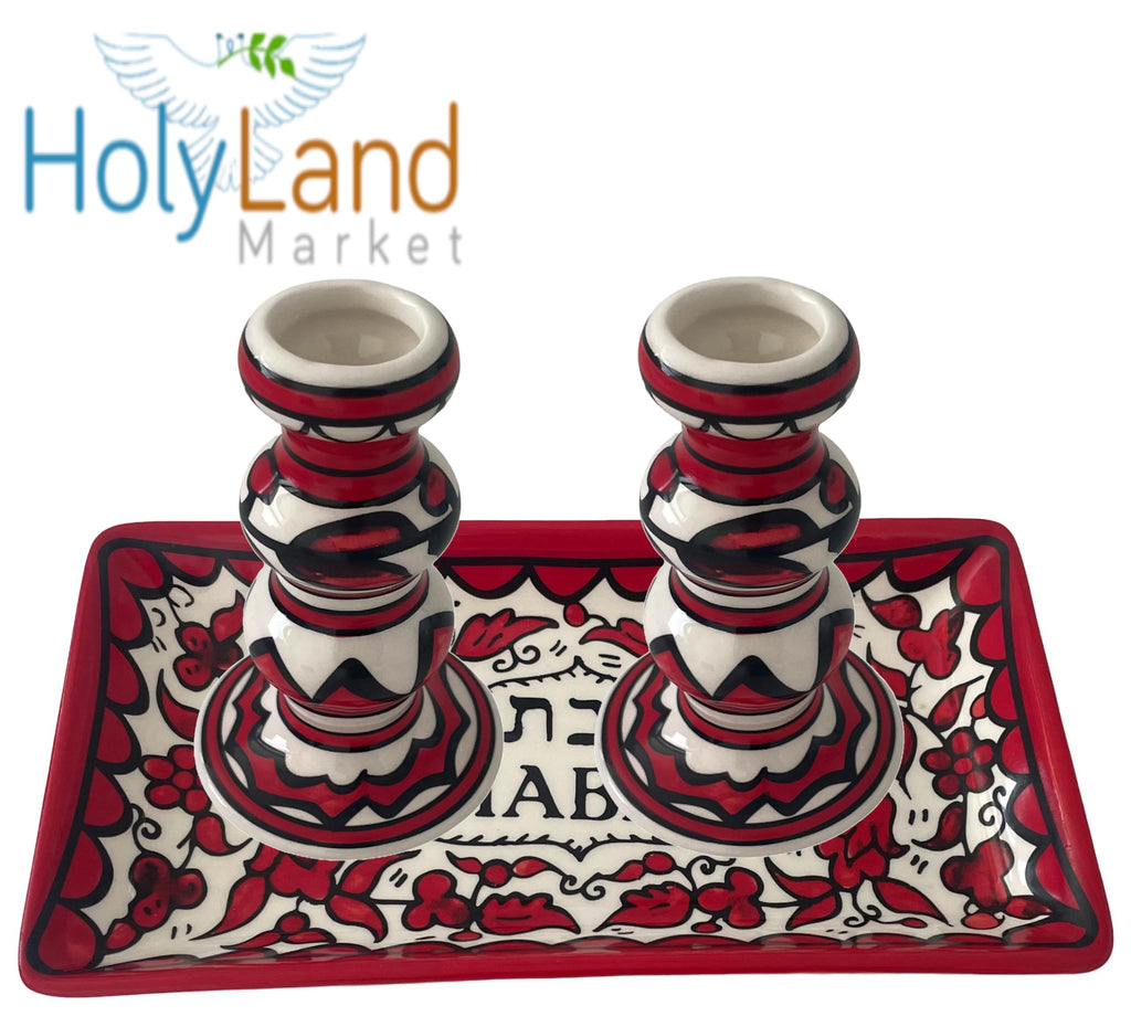 Shabbat Candlesticks Set Ceramic Red Candle Holders