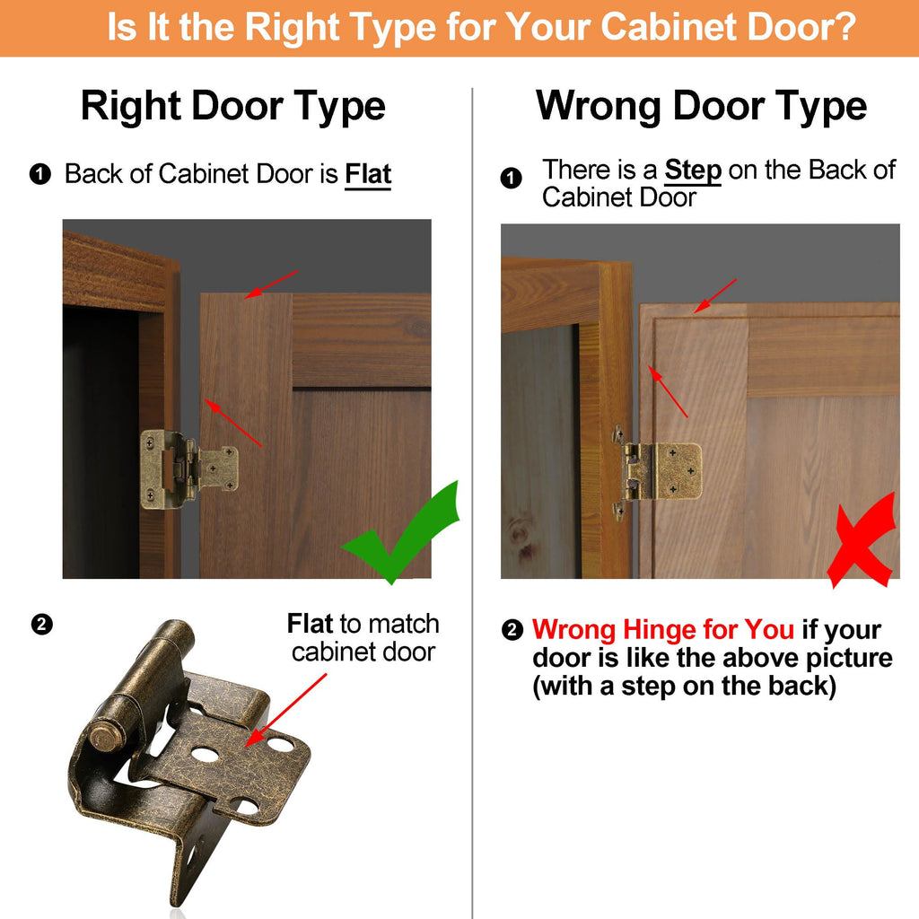 Antique Brass Kitchen Cabinet Hinges, 1/2" Overlay, 4 Pack