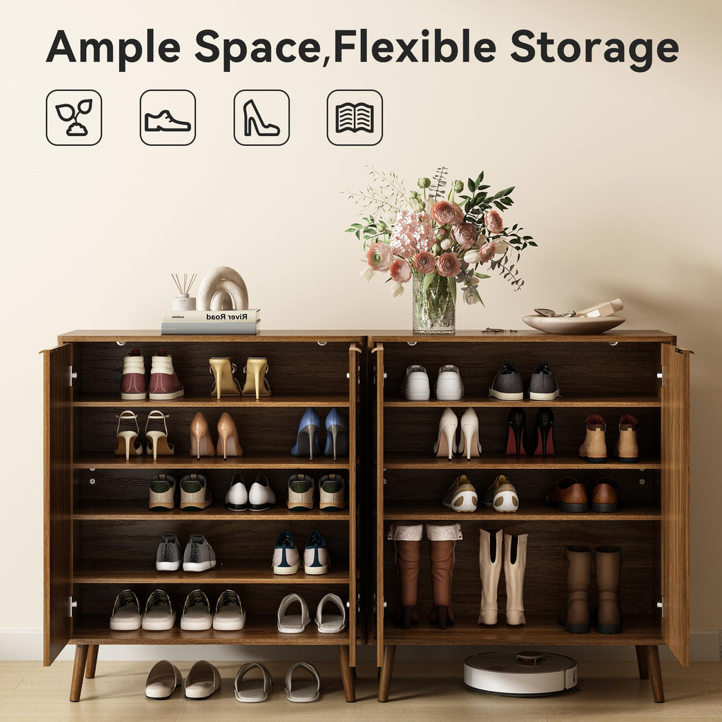 5-Tier Shoe Storage Cabinet with Adjustable Shelves, Natural Oak丨Fluted Shoe Cabinet Set of 2 with Doors, Wooden