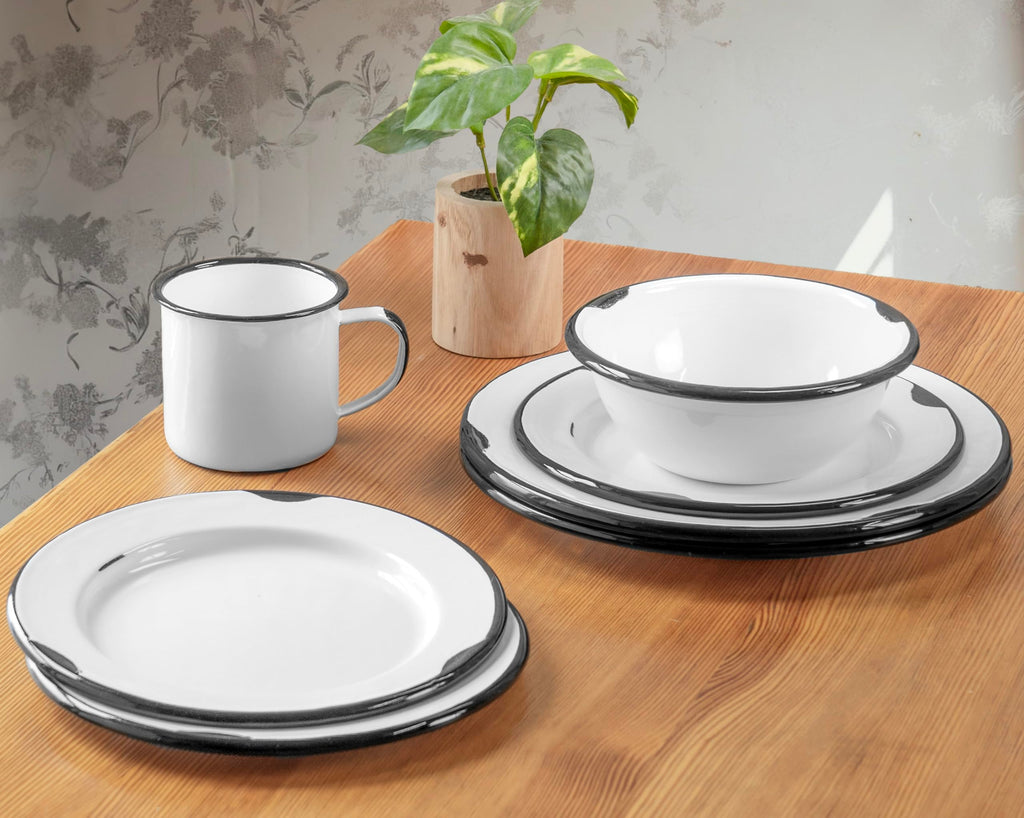 16-Piece Enamelware Metal Dinnerware Set for 4, Distressed White/Black Rim