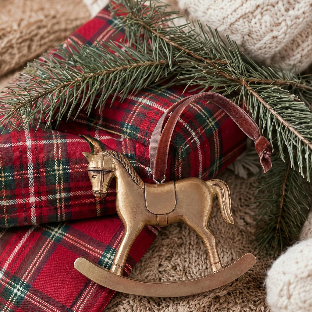 6 Pcs Vintage Christmas Rocking Horse Ornament, Solid Lanyard, Brown