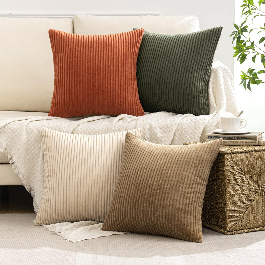 Fall Corduroy Decorative Throw Pillow Covers Rust-Olive Green 20x20