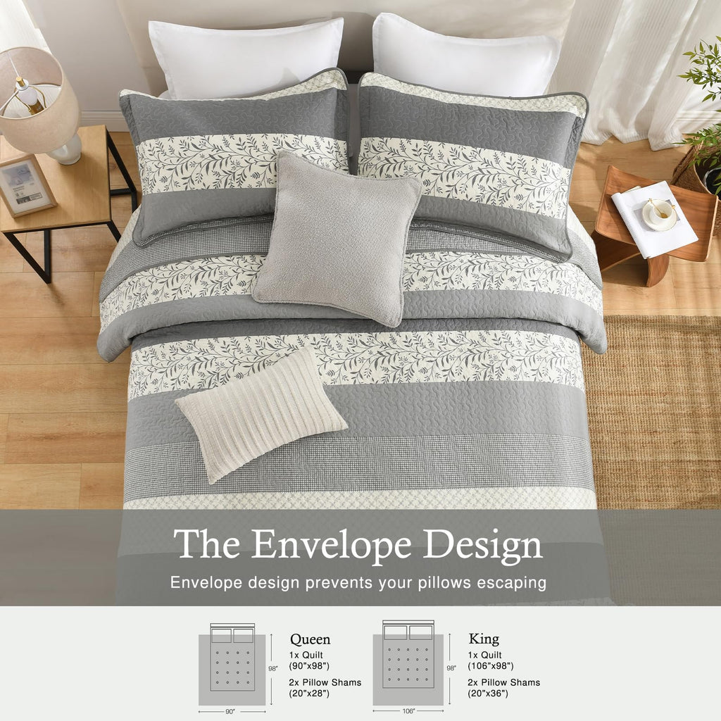 100% Cotton Quilt Set, Cottage Stripe Vine, Grey Cream