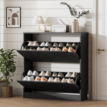 Shoe Storage Cabinet with 2 Flip Drawers, Wood Freestanding Hidden Shoe Storage, Sturdy Narrow Slim Shoe Organizer