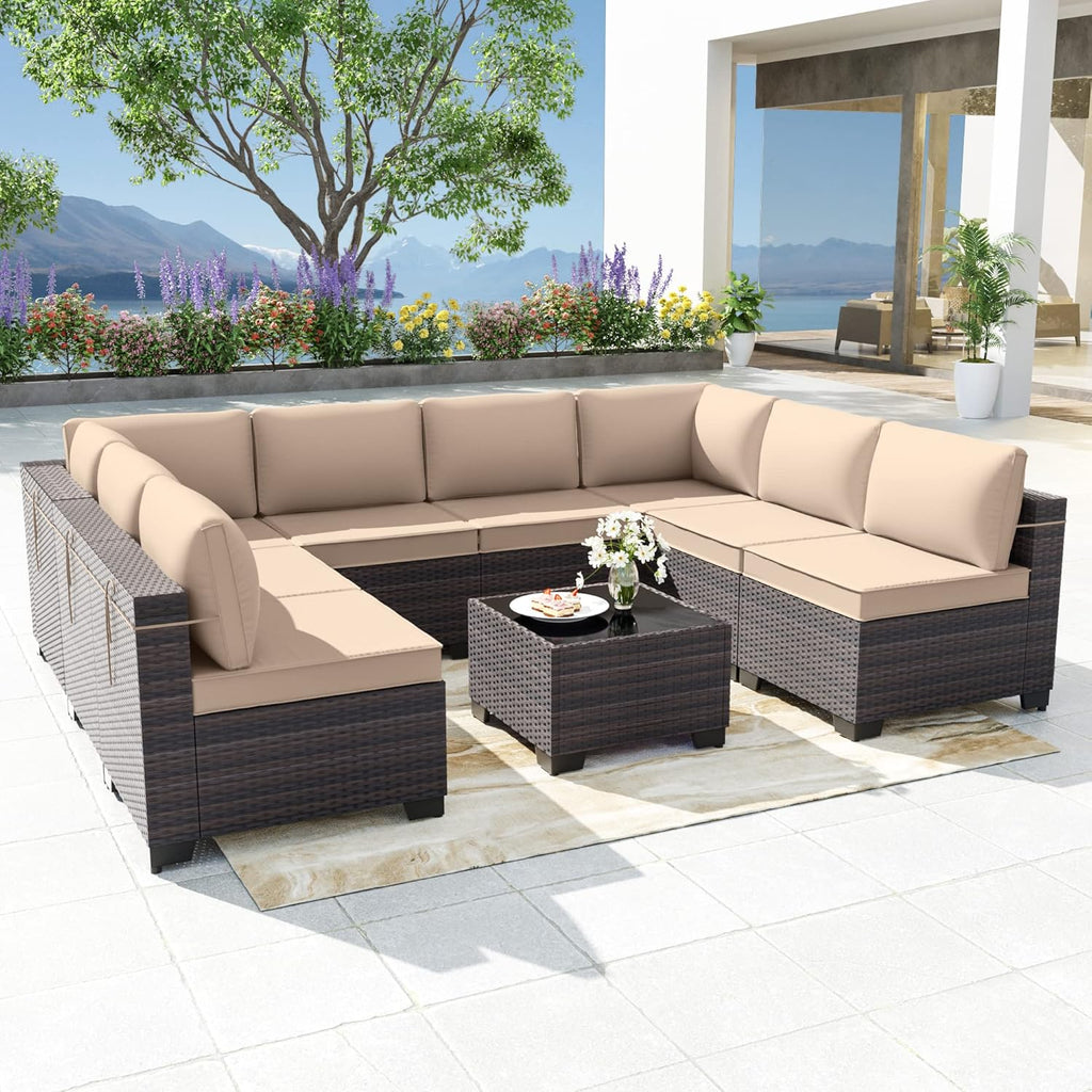 9 Pieces Patio Furniture Set, Rattan Wicker Outdoor Conversation Sets w/4 Inch Cushion and Glass Coffee