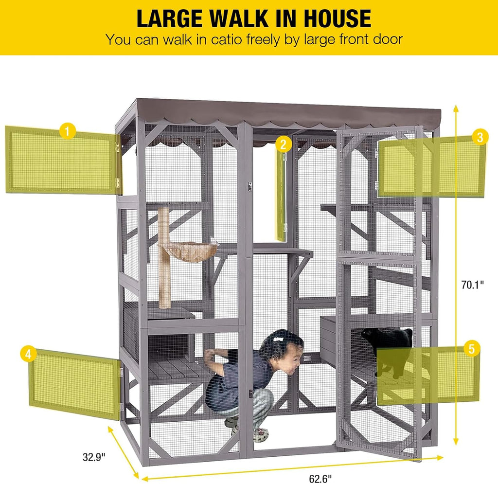 Cat House Window Outdoor Catio Cat Enclosures with 7 Platforms, 2 Resting Boxes Large Kitty House with Weatherproof