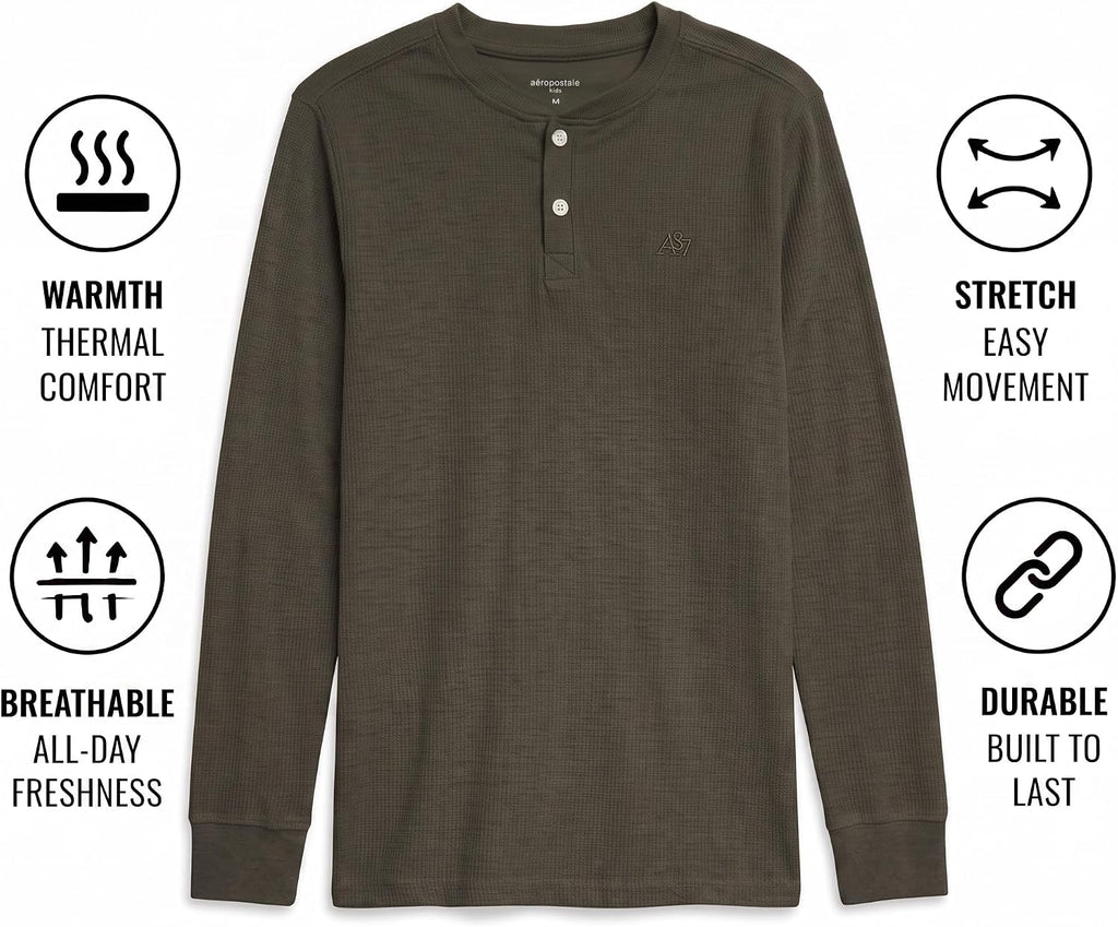 Boys Long Sleeve Thermal Henley, Fleece Waffle Knit