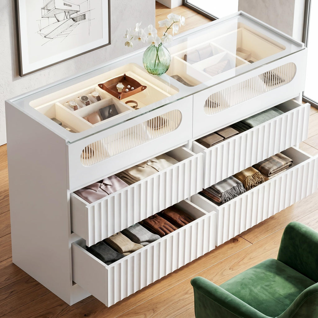 Fluted 6 Drawer Dresser, Modern Chest of Drawers, White Oak
