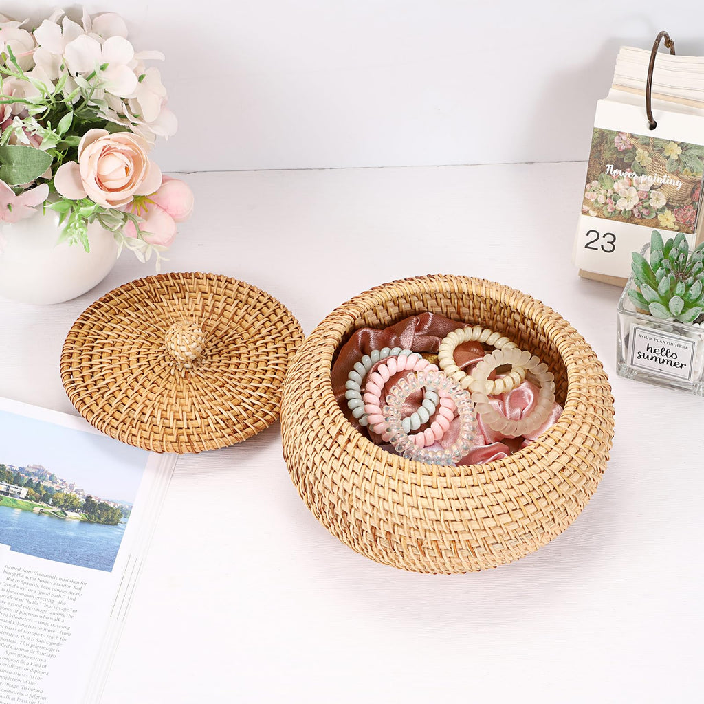 Handwoven Rattan Basket Round Wicker Storage Box with Lid