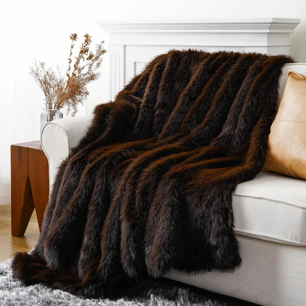 Luxury Fluffy Brown Faux Fur Throw Blanket, Cozy Warm Fur Blanket for Couch, Sofa, Chair, Bed, Plush Fuzzy Fur Throws