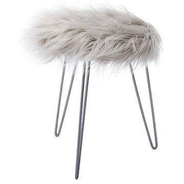 Round Faux Fur Foot Stool Ottoman with Silver Hairpin Legs - Soft Compact Padded Vanity Seat with Durable Wood Frame