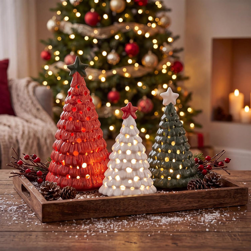 3 Pcs Mini Lighted Ceramic Christmas Tree Figurines, Red White Green