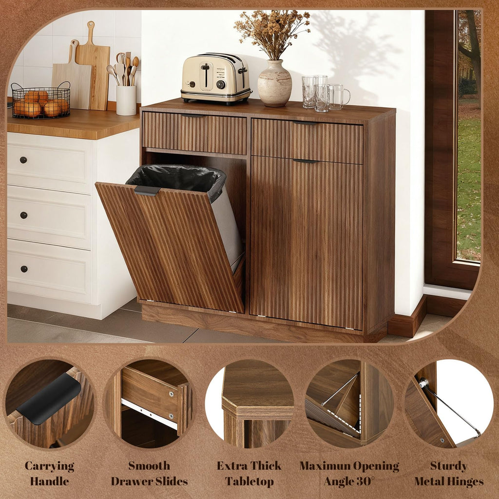 Double Tilt Out Trash Can Cabinet, Hidden Trash Cabinet with Storage Drawers, Walnut Laundry Hamper Cabinet with