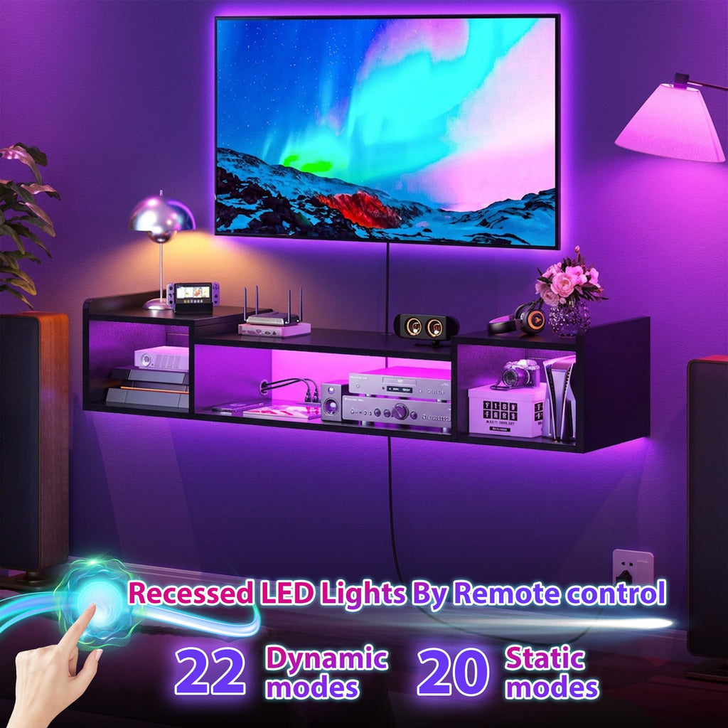55.1" W Floating TV Stand with LED, Power Strip for 50/55/60/65" TV Black