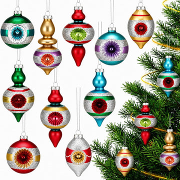 Vintage Glass Christmas Ornaments, Assorted, Retro - Set of 10