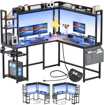 L Shaped Desk Gaming Desk with Power Outlet & LED Light & Monitor