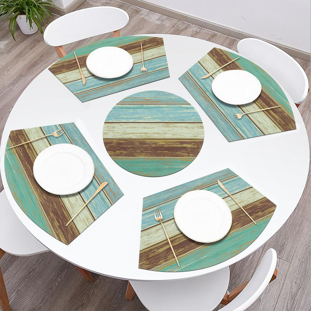 Small Round Table Placemats Set of 5 Woven Vinyl Wedge Placemats with Centerpiece Round Table Mats Wipe Clean, Teal