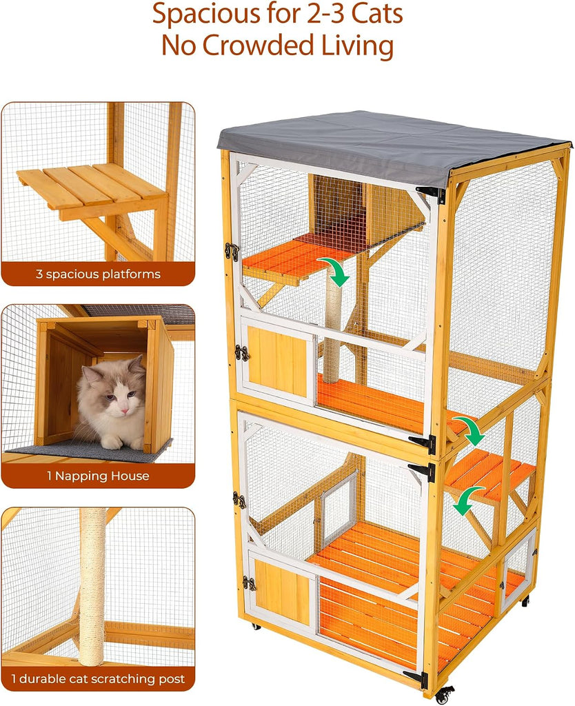 71.7" Catio Outdoor Cat Enclosure, 4 Tier Wooden Cat House with Wheels, Indoor Outdoor Cat Cage with Window Access