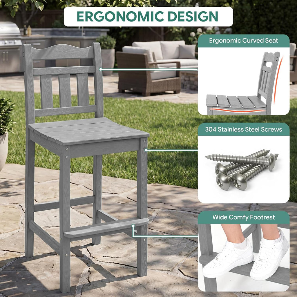 Outdoor Bar Stools Set of 4, HDPE Adirondack Bar Chairs with Backs, All-Weather High Top Patio Chairs, Heavy Duty