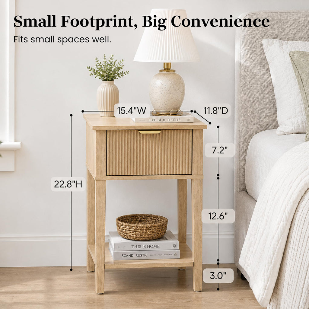 Natural Oak 15.4" Wide Small Nightstand with Drawer, Open Shelf, Fluted