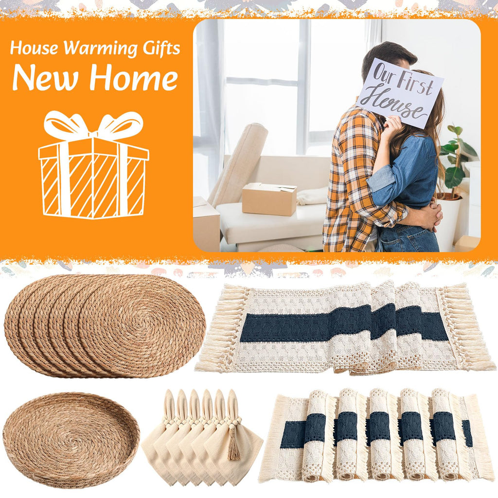 6 Sets Boho Table Runner and Woven Round Placemats Set, Blue, 12x72