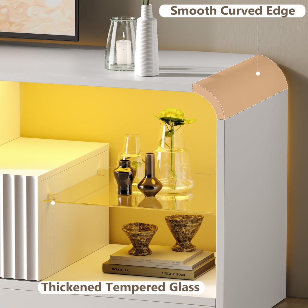For 60/65/70 Inch TVs, Modern Curved TV Console with LED Lights, 2 Drawers & Glass Shelves, Living Room Entertainment