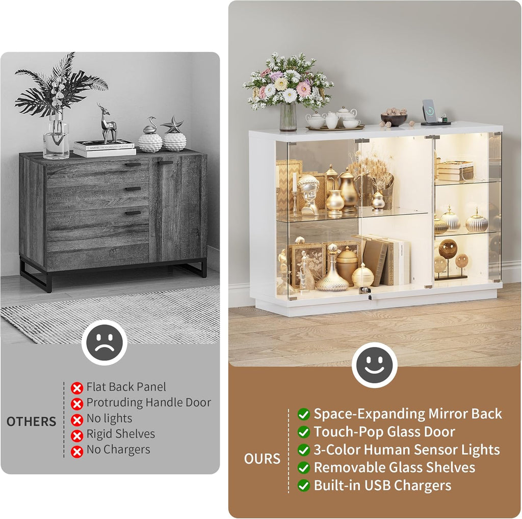 Lockable Display Cabinet with Glass Doors and LED Lights,White | 47.2" W Lighted Glass Display Cabinet with Glass