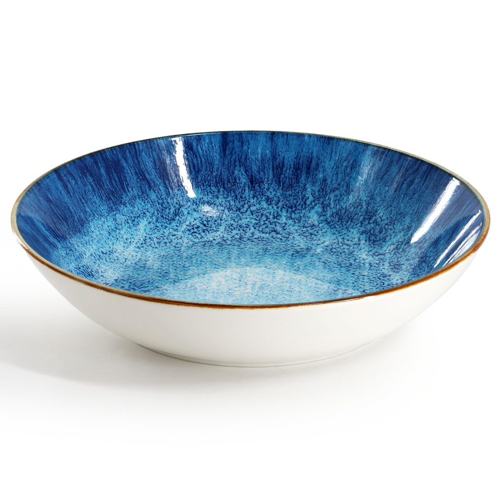 Oceanus 16 Piece Porcelain Double Bowl Dinnerware Set in Blue, Tableware Service for 4