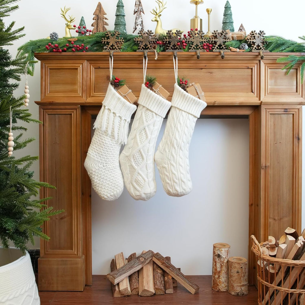 3 Pack White Farmhouse Christmas Stockings - Large 18" Rustic Boho Vintage Cable Knit Holiday Stockings, Neutral