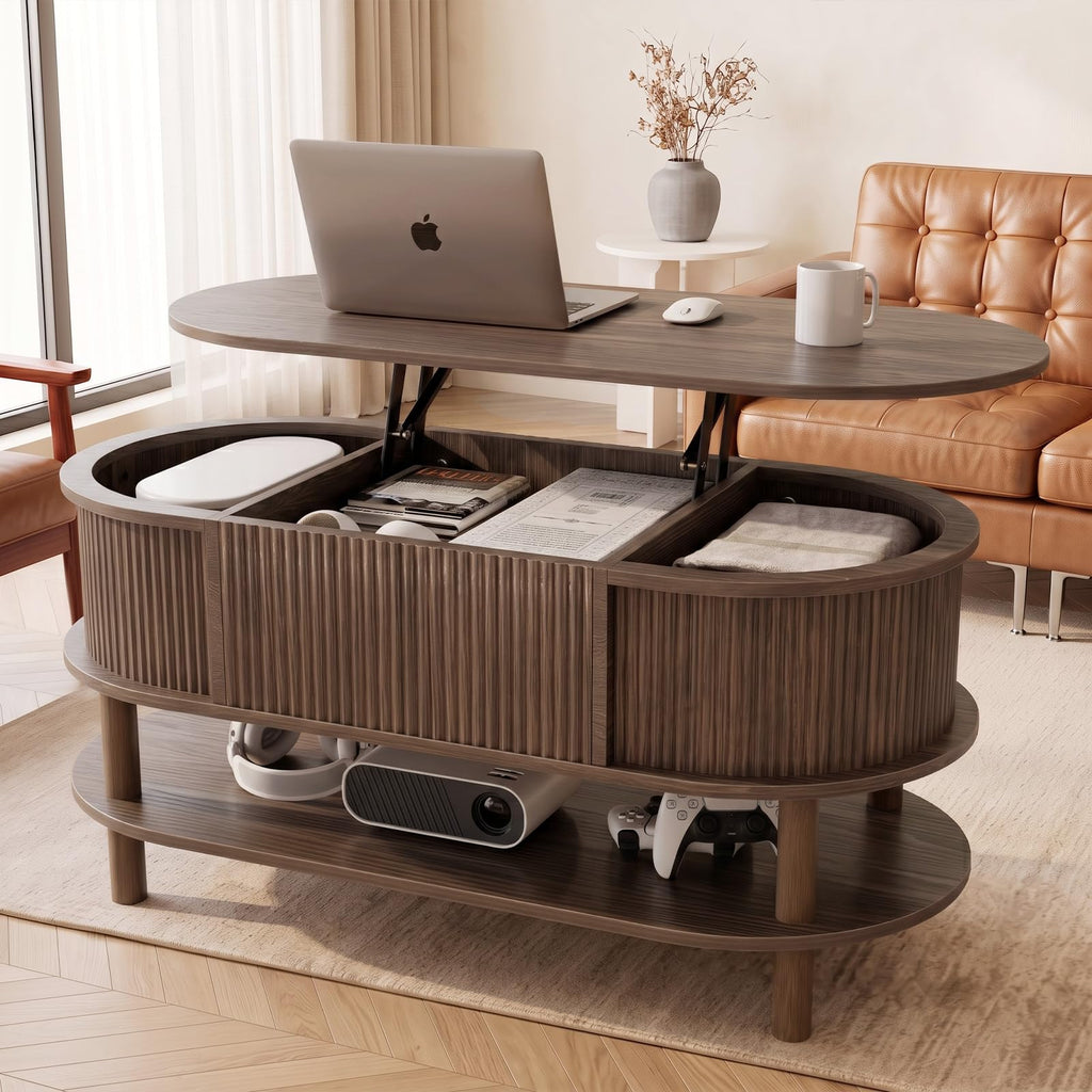 Oval Lift Top Coffee Table with Storage, 41" Fluted Coffee Table with Open Shelf, Mid Century Modern Center Table