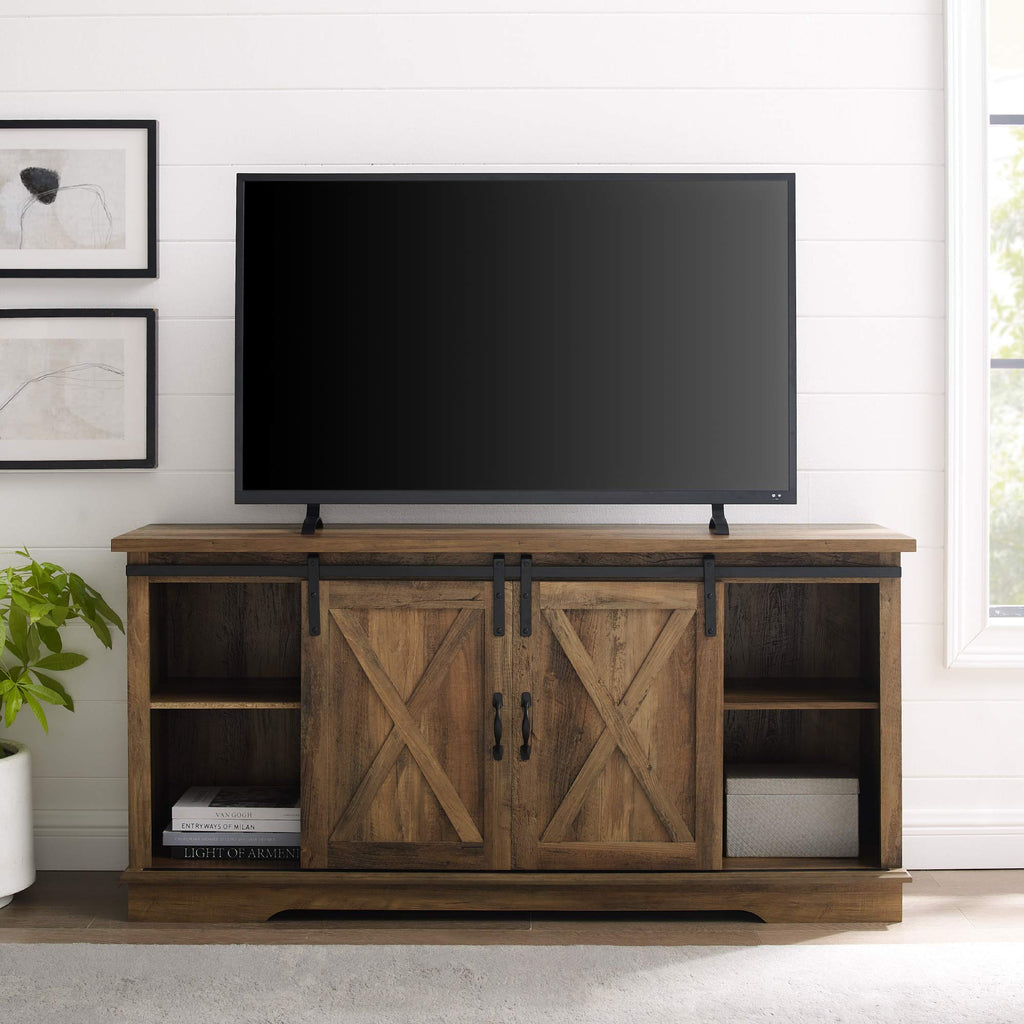 Tucker 58 Inch Sliding Barn Door Television Stand in Rustic Oak